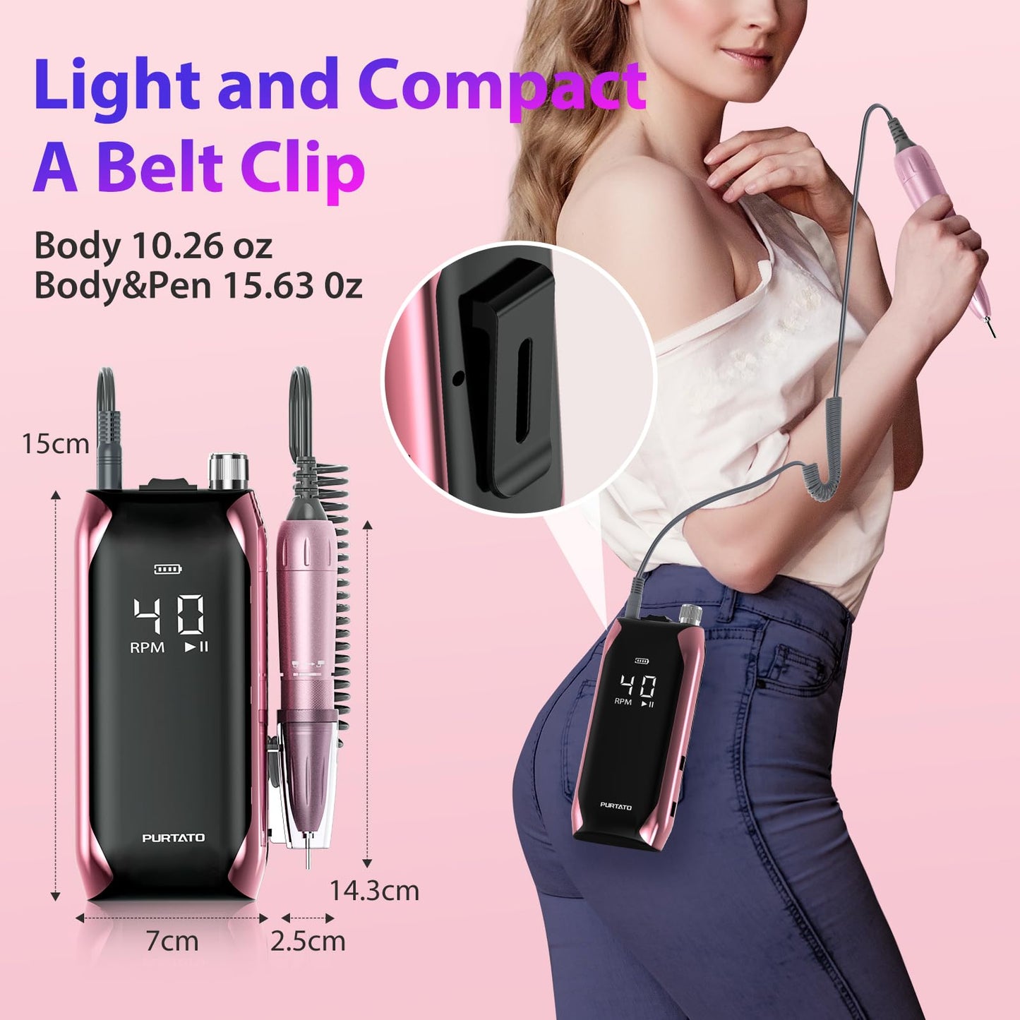 Professional Nail Drill 40,000 RPM, Rechargeable,LCD Display E File Machine for Acrylic Nails Gel Polishing Removing Portable Nails Efile Tools for Manicure Salon & Home (Silver)