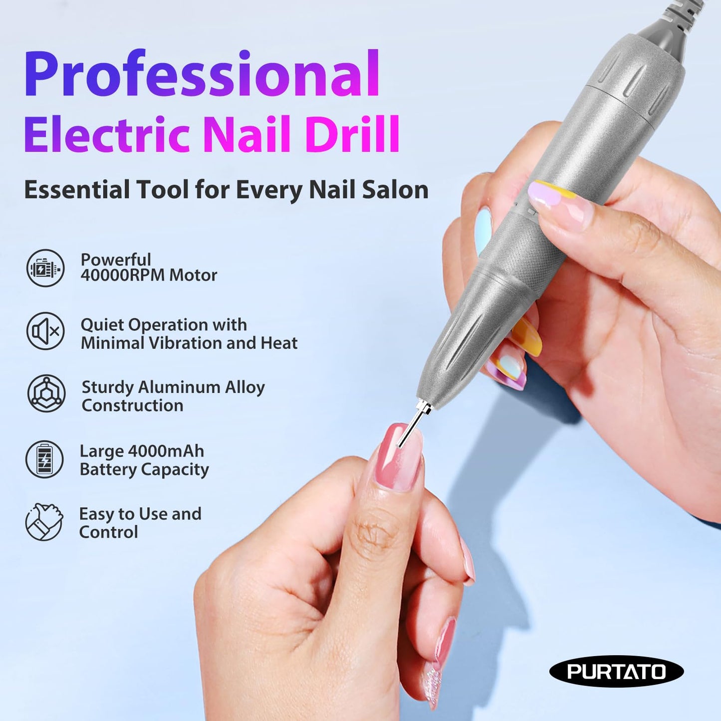 Professional Nail Drill 40,000 RPM, Rechargeable,LCD Display E File Machine for Acrylic Nails Gel Polishing Removing Portable Nails Efile Tools for Manicure Salon & Home (Silver)
