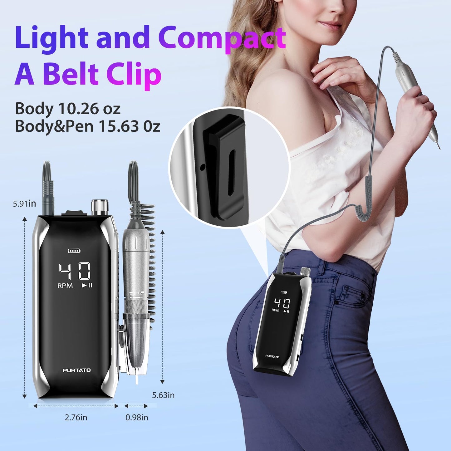 Professional Nail Drill 40,000 RPM, Rechargeable,LCD Display E File Machine for Acrylic Nails Gel Polishing Removing Portable Nails Efile Tools for Manicure Salon & Home (Silver)