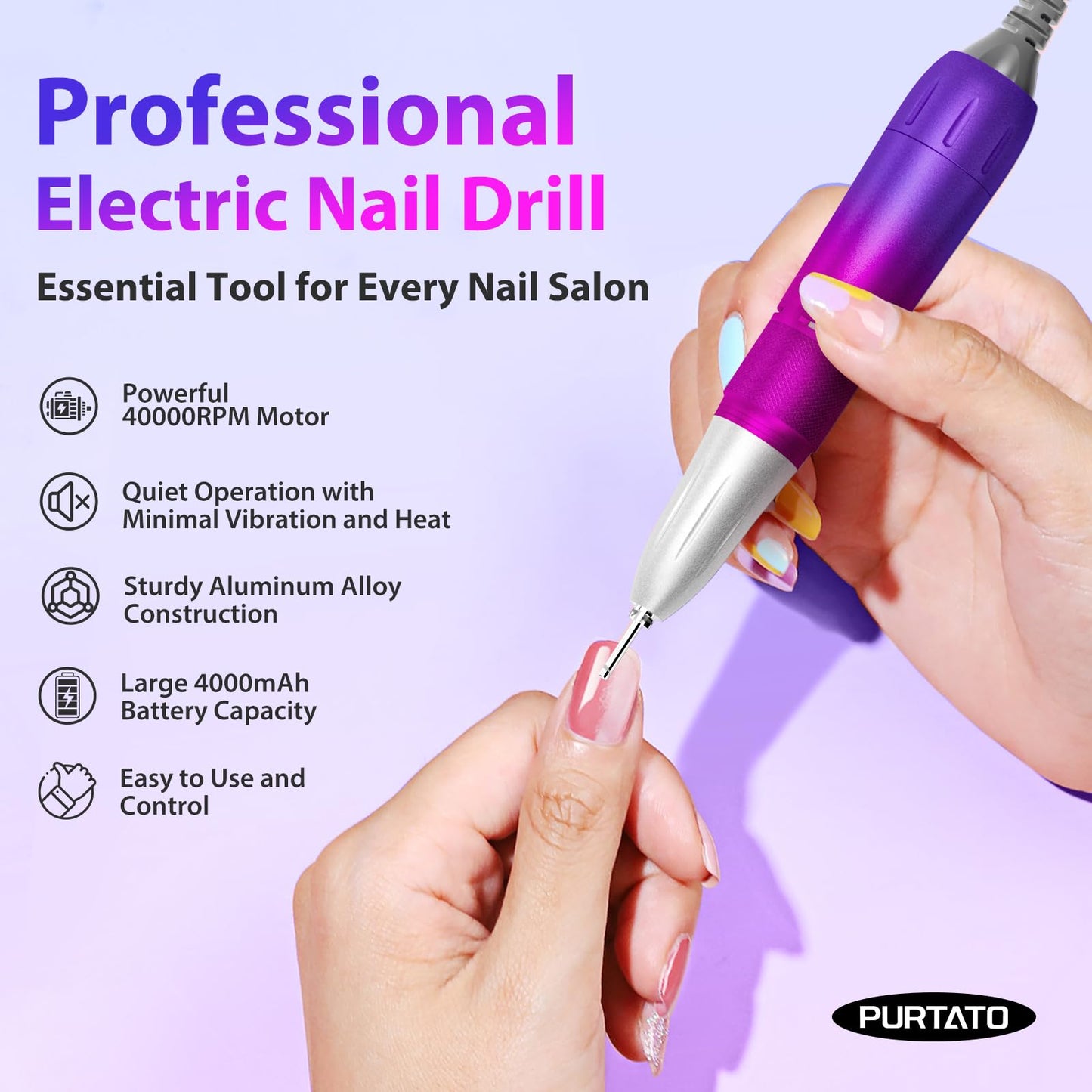 Professional Nail Drill 40,000 RPM, Rechargeable,LCD Display E File Machine for Acrylic Nails Gel Polishing Removing Portable Nails Efile Tools for Manicure Salon & Home (Silver)