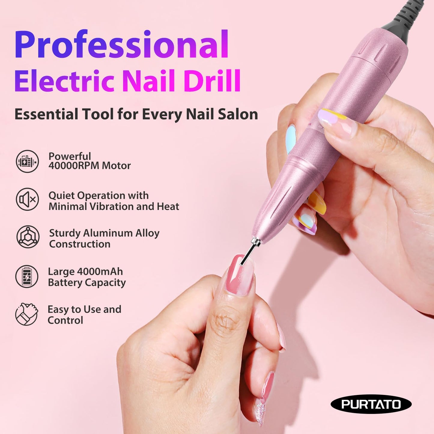Professional Nail Drill 40,000 RPM, Rechargeable,LCD Display E File Machine for Acrylic Nails Gel Polishing Removing Portable Nails Efile Tools for Manicure Salon & Home (Silver)