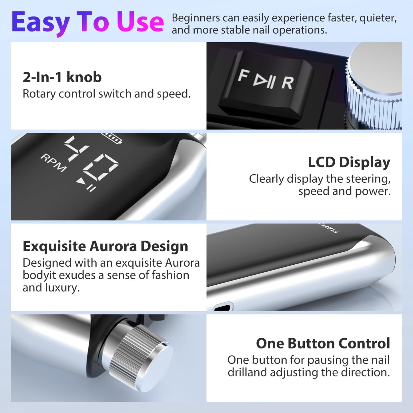 Professional Nail Drill 40,000 RPM, Rechargeable,LCD Display E File Machine for Acrylic Nails Gel Polishing Removing Portable Nails Efile Tools for Manicure Salon & Home (Silver)