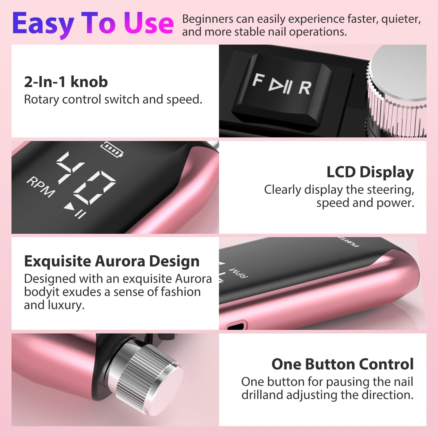Professional Nail Drill 40,000 RPM, Rechargeable,LCD Display E File Machine for Acrylic Nails Gel Polishing Removing Portable Nails Efile Tools for Manicure Salon & Home (Silver)