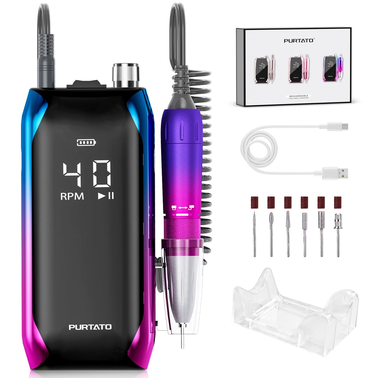 Professional Nail Drill 40,000 RPM, Rechargeable,LCD Display E File Machine for Acrylic Nails Gel Polishing Removing Portable Nails Efile Tools for Manicure Salon & Home (Silver)