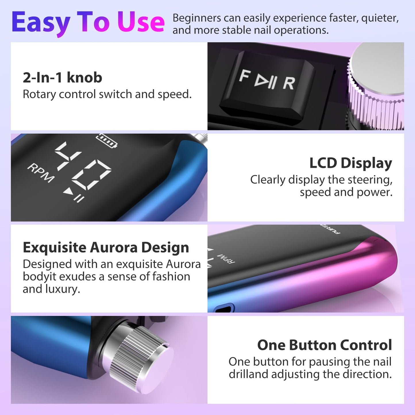 Professional Nail Drill 40,000 RPM, Rechargeable,LCD Display E File Machine for Acrylic Nails Gel Polishing Removing Portable Nails Efile Tools for Manicure Salon & Home (Silver)