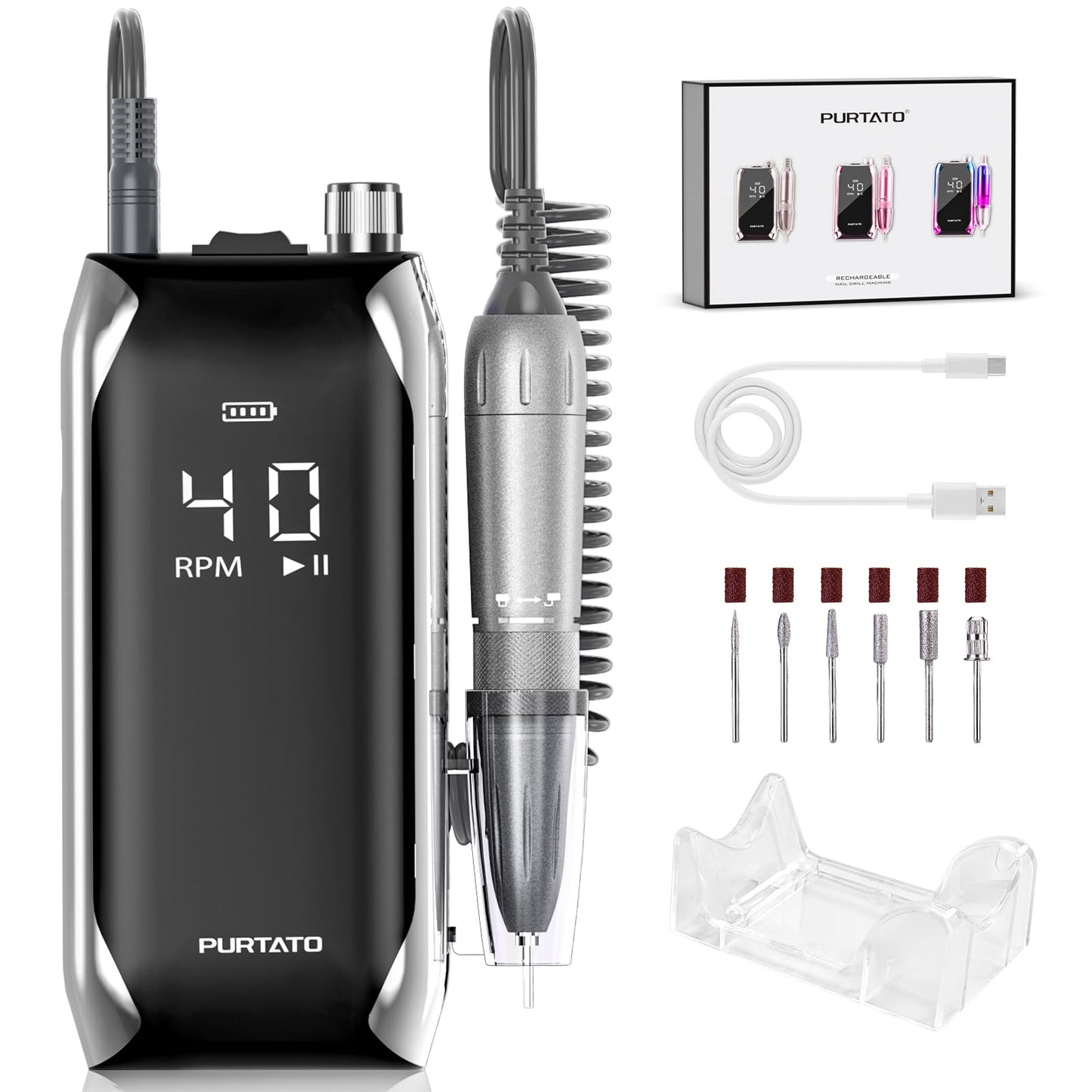 Professional Nail Drill 40,000 RPM, Rechargeable,LCD Display E File Machine for Acrylic Nails Gel Polishing Removing Portable Nails Efile Tools for Manicure Salon & Home (Silver)